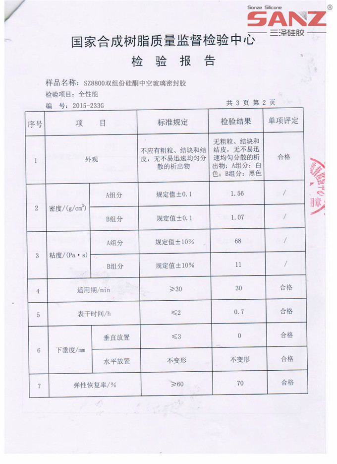 Test Report for Sanze Silicone Sealant