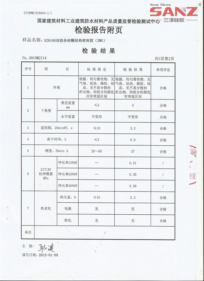 Test Report for Sanze Silicone Sealant